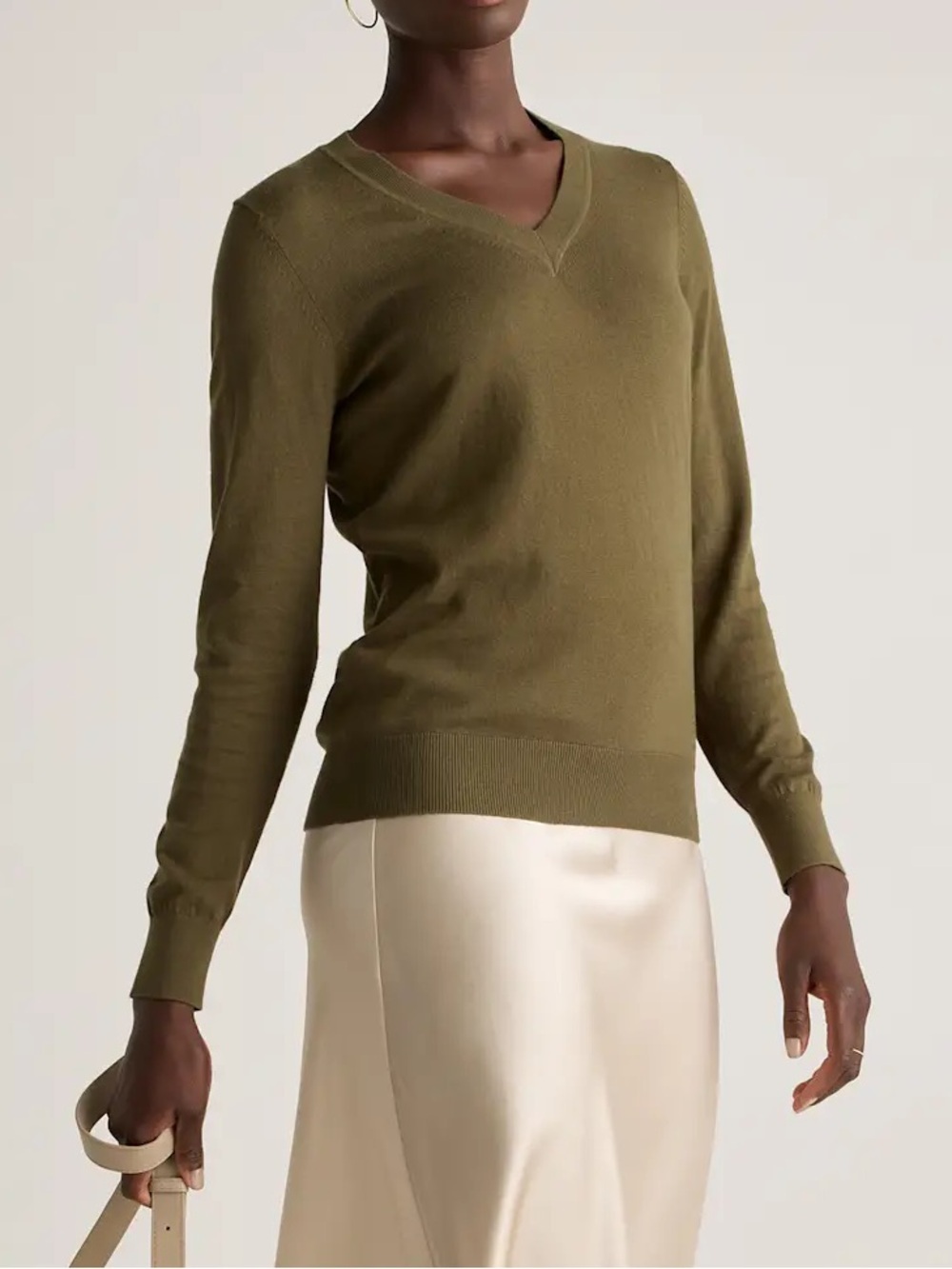 Quince Cotton Cashmere lightweight V Neck Sweater Green Size Large